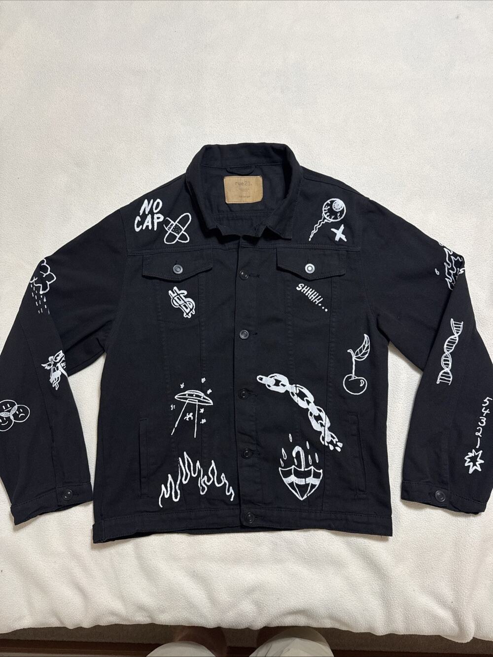 Rue21 Designer Black Graffiti Denim Jacket Size XXL Nice Graphics Cpix